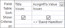 Query Design grid with .Value format for Lookup field