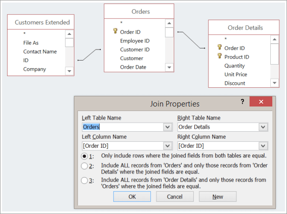 Screen shot of three tables and their Join Properties