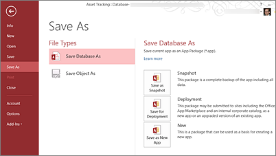 Save As Database options on the Save As screen