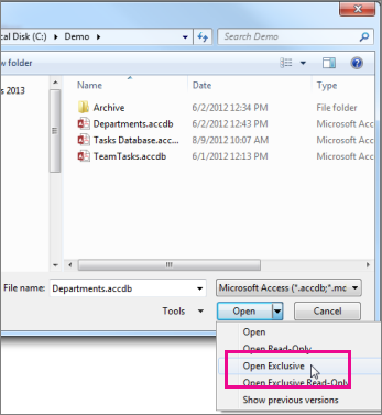 The Open dialog box showing the drop-down list on the Open button expanded, pointer over the Open Exclusive option.