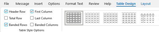 Table headers option selected on the ribbon in Outlook.