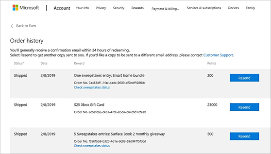 Screenshot of the Rewards Order history page listing your orders