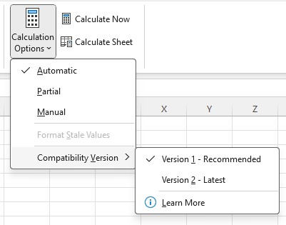 Menu to change Compatibility Version: Formula > Calculation Options > Compatibility Versions