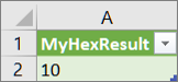 Result of the MyHex function in a worksheet