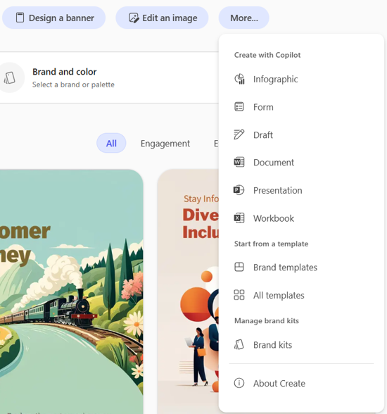 screenshot of UI for selecting More then Brand kits in Microsoft Copilot app.