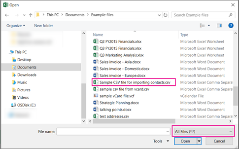To find the csv file, be sure to search for All Files.