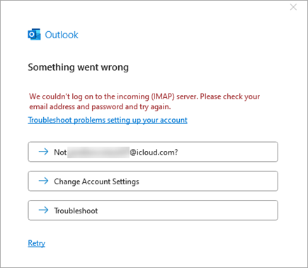 Screenshot of Something went wrong error message when adding an iCloud account