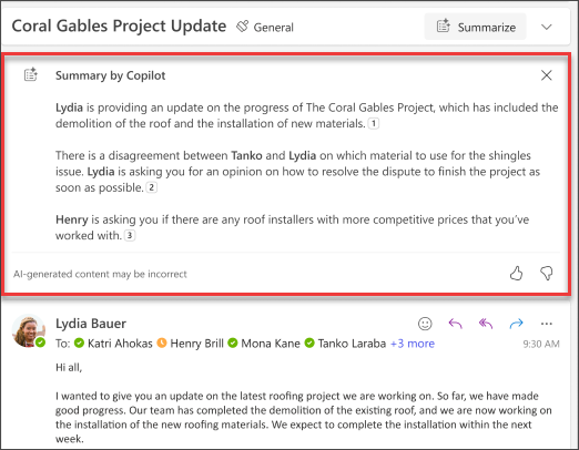 Summary of email thread with citations created by Copilot.