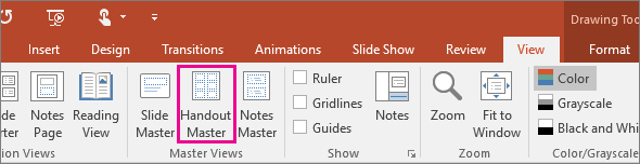 Screenshot showing view Handout master in PowerPoint