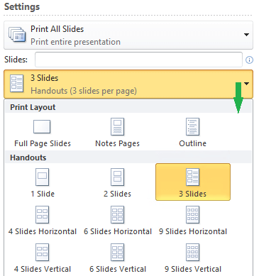 Screenshot showing the layout for printing handouts