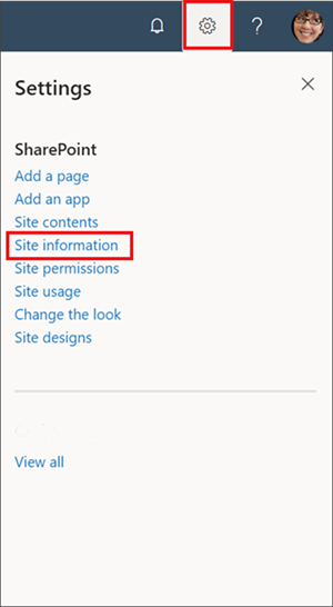 Image of the settings panel with site information highlighted