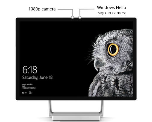 Screenshot of the Surface Studio display, with labels identifying the position of the two cameras near the center at the top.
