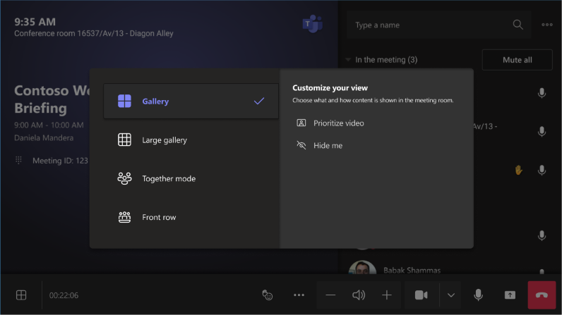 customize room view between prioritize video or hide me