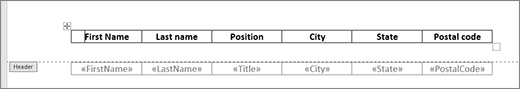 Heading of table inside header, table in body