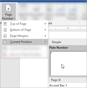 Screenshot that shows choosing Plain format page number at the current position in the document